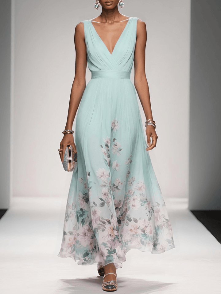 Zoe | Maxi dress made of chiffon with flowers light blue and V-neck