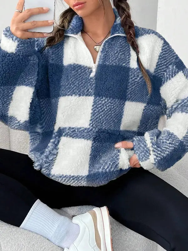 Kylie | Chic Plaid Print Half Zip Long Sleeve Sweater
