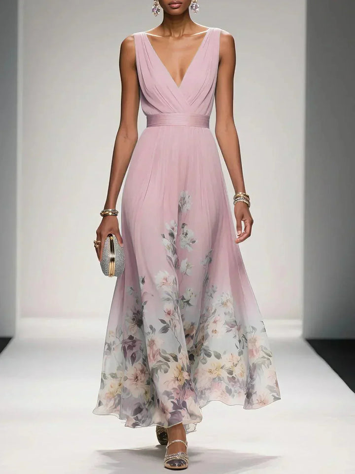 Zoe | Maxi dress made of chiffon with flowers light blue and V-neck