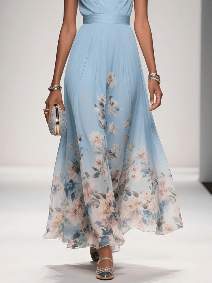 Zoe | Maxi dress made of chiffon with flowers light blue and V-neck