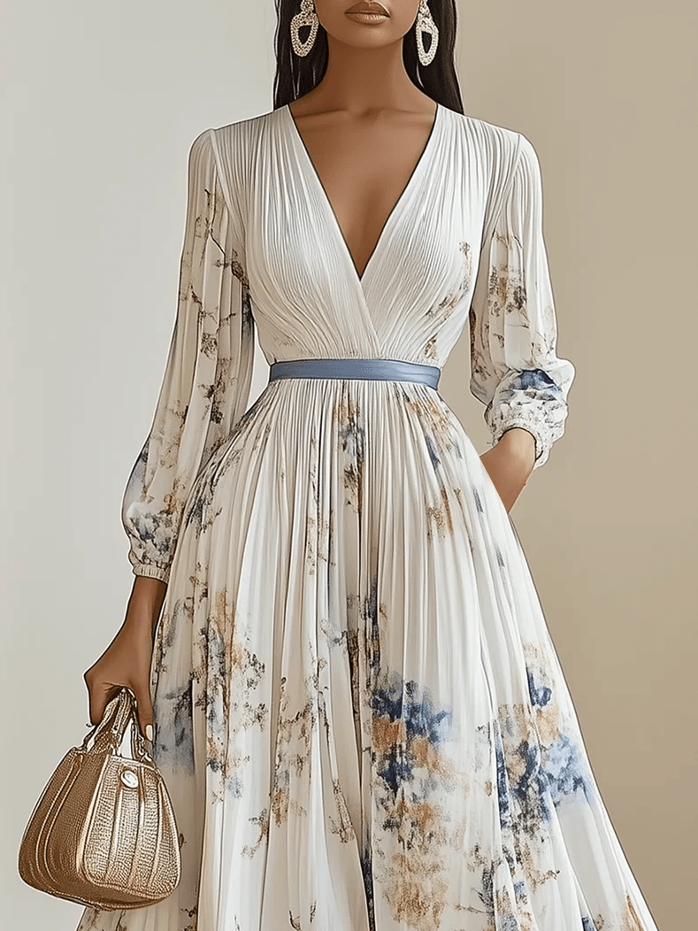 Maya | Maxi dress made of chiffon with a floral pattern in white with voluminous sleeves