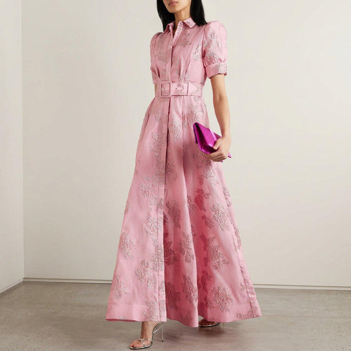 Allegra - Belted Floral Jacquard Long Dress