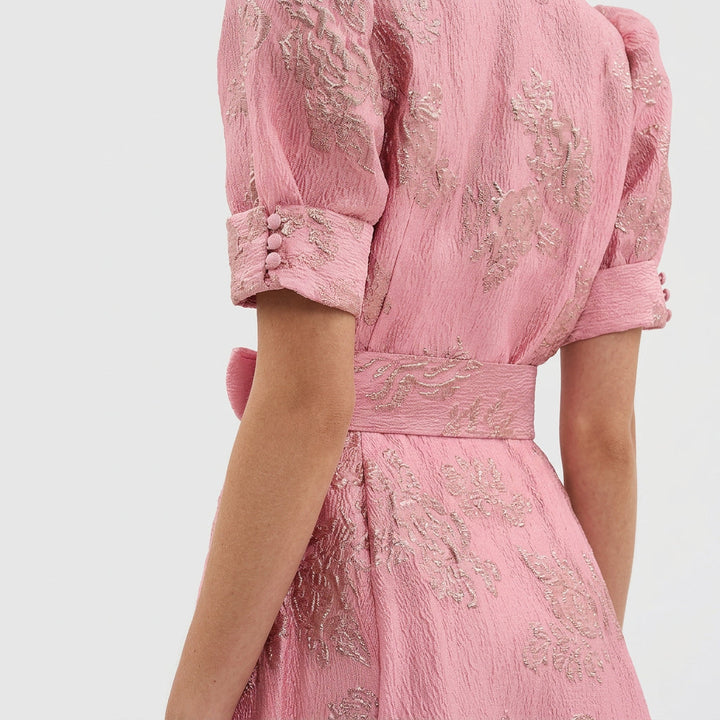 Allegra - Belted Floral Jacquard Long Dress