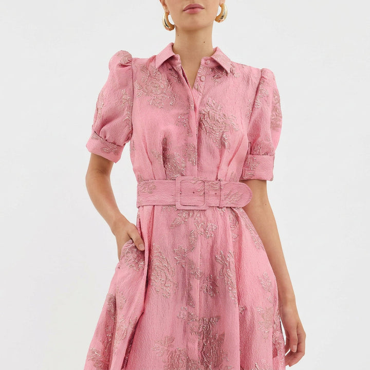 Allegra - Belted Floral Jacquard Long Dress