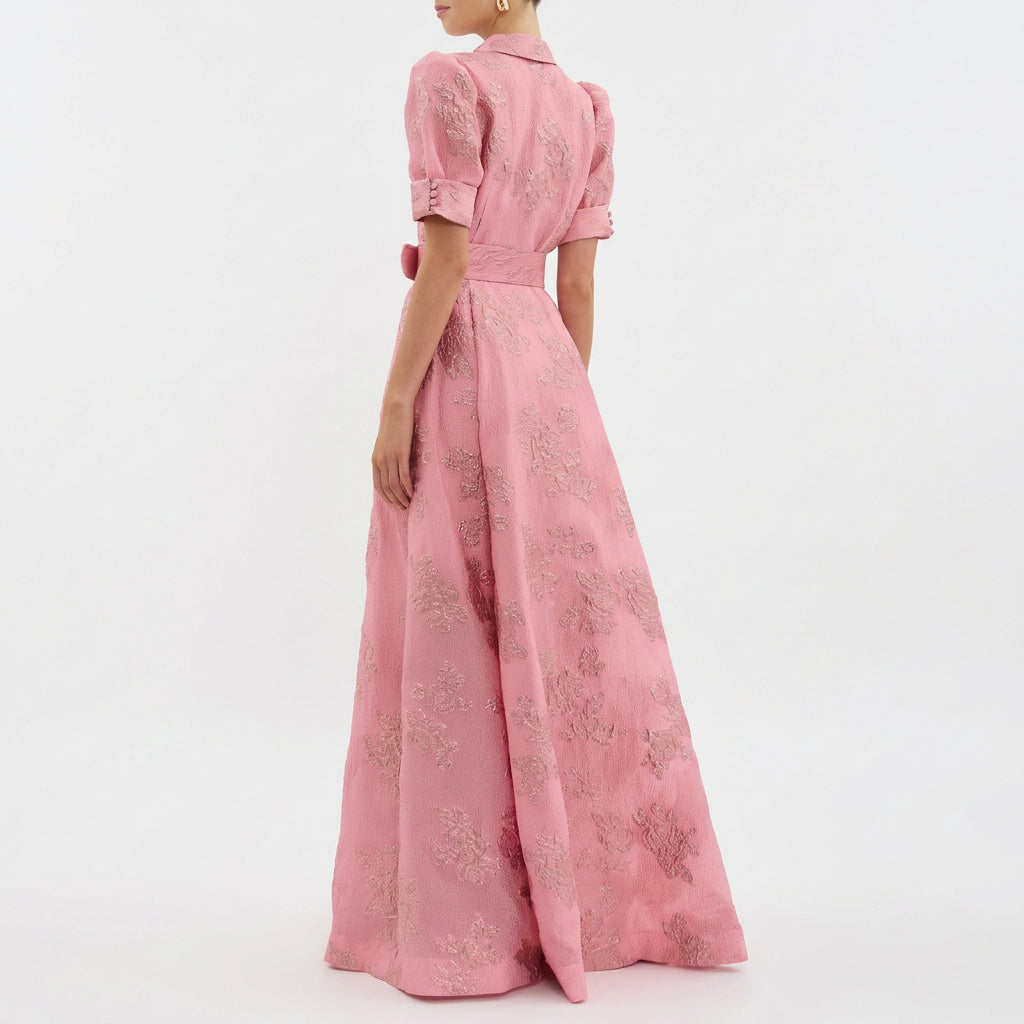 Allegra - Belted Floral Jacquard Long Dress