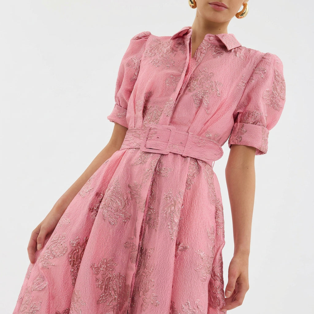 Allegra - Belted Floral Jacquard Long Dress