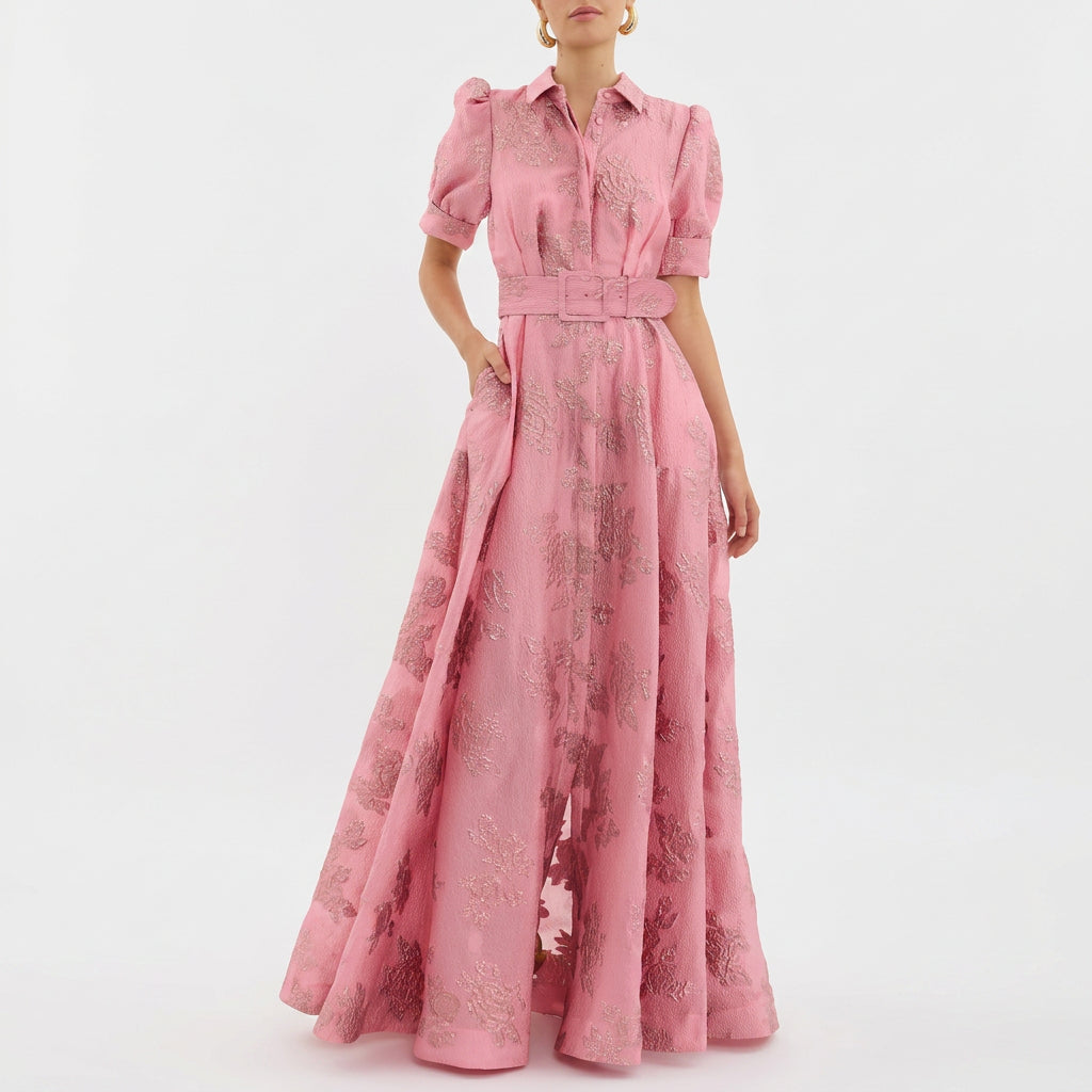 Allegra - Belted Floral Jacquard Long Dress