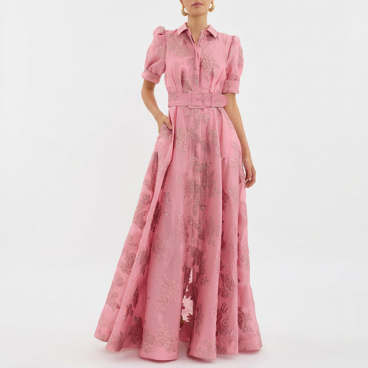 Allegra - Belted Floral Jacquard Long Dress