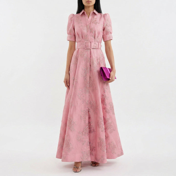 Allegra - Belted Floral Jacquard Long Dress
