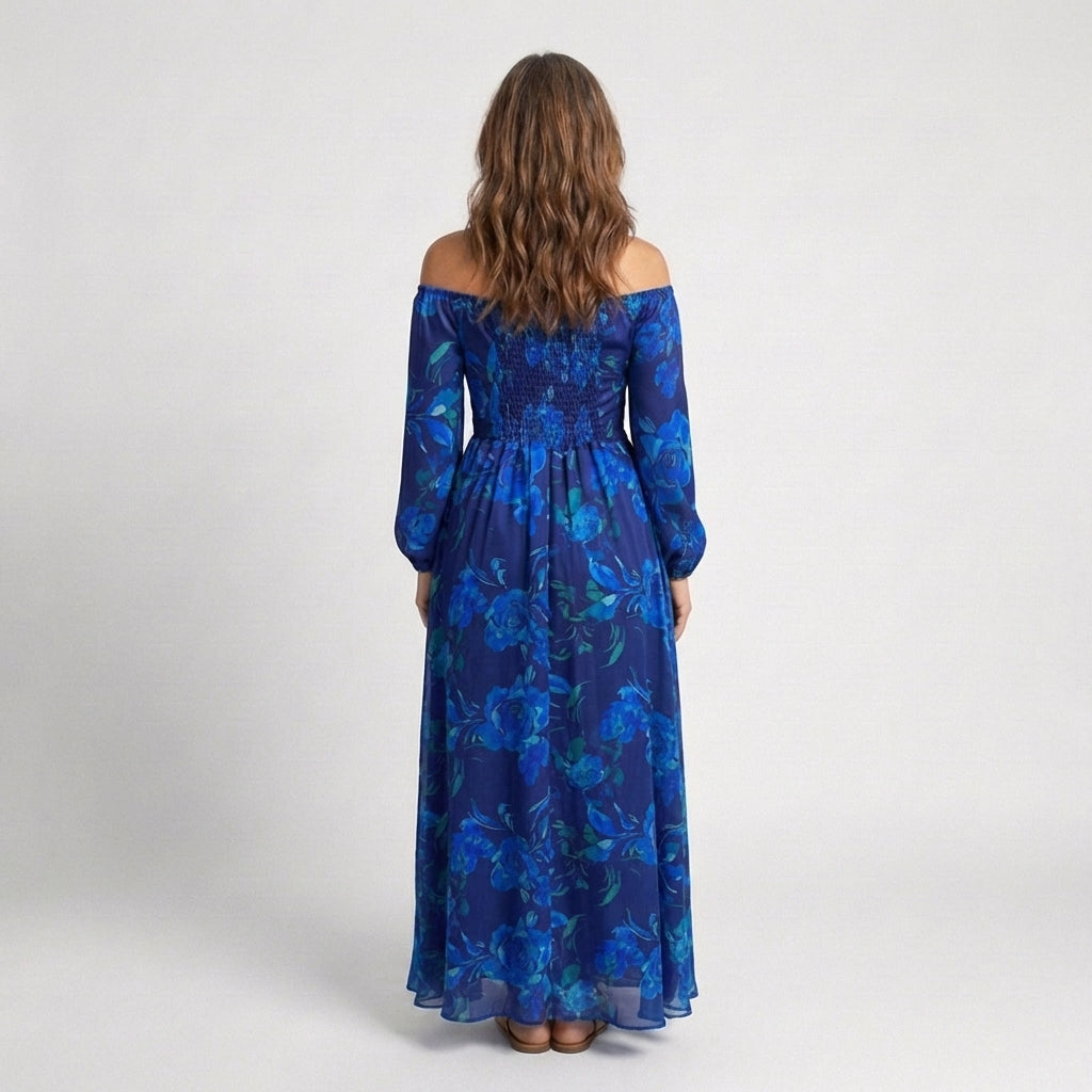 Beryl Blue Floral Off-Shoulder Maxi Dress