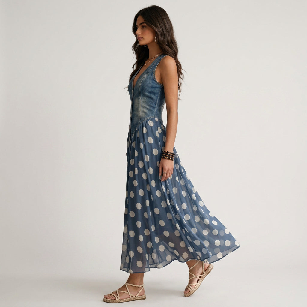 Danielle - Denim Dress with Polka Dot Chiffon Skirt