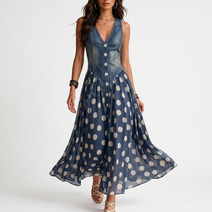 Danielle - Denim Dress with Polka Dot Chiffon Skirt