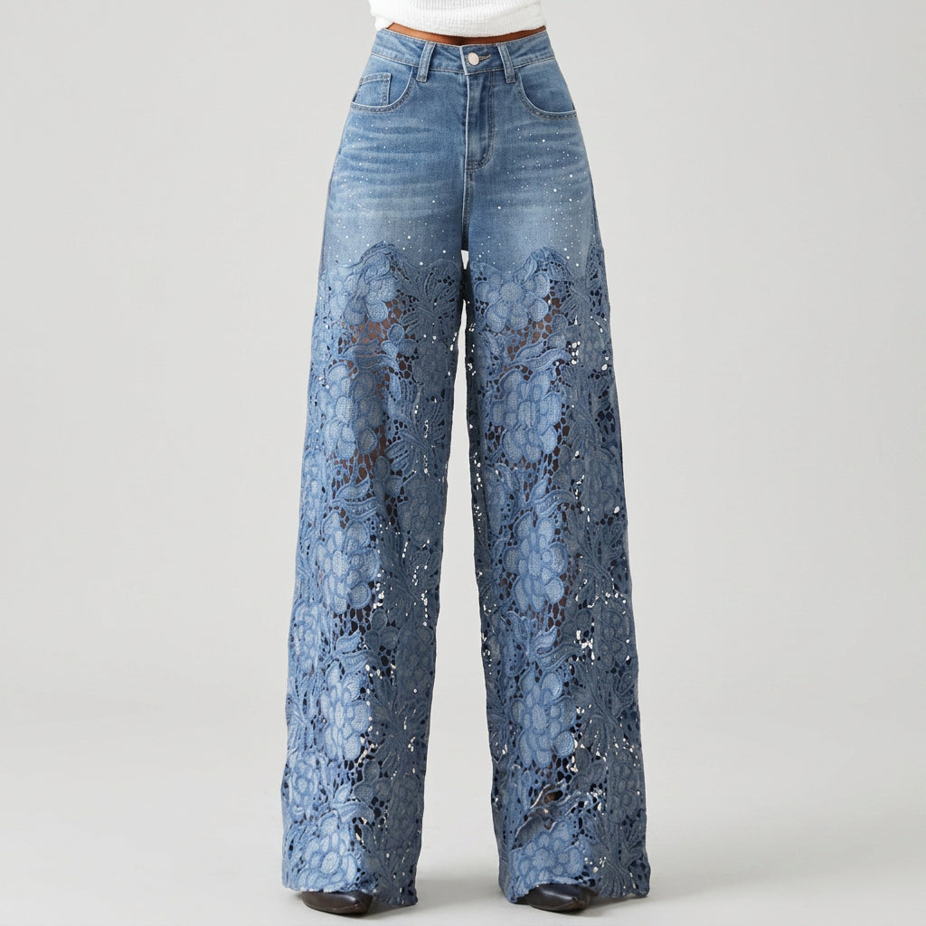 Kirrily - Wide-Leg Denim Pants with Lace