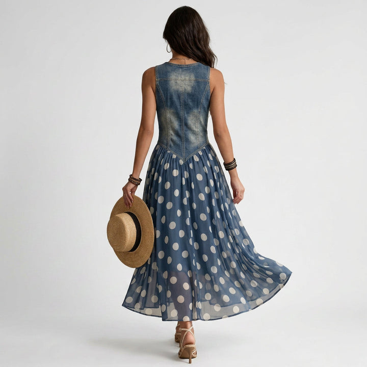 Danielle - Denim Dress with Polka Dot Chiffon Skirt