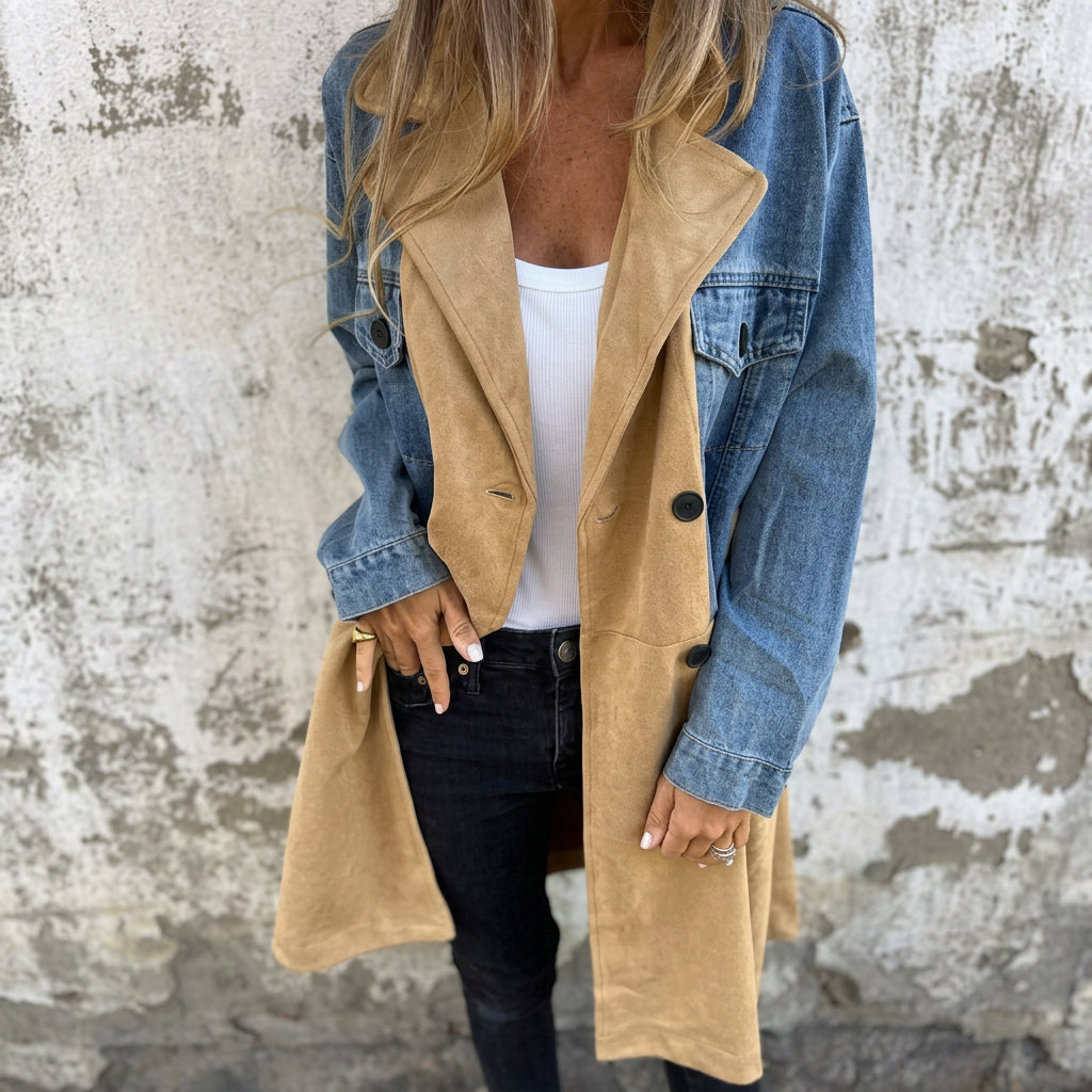 Caitlin - Two-Tone Denim Trench Coat