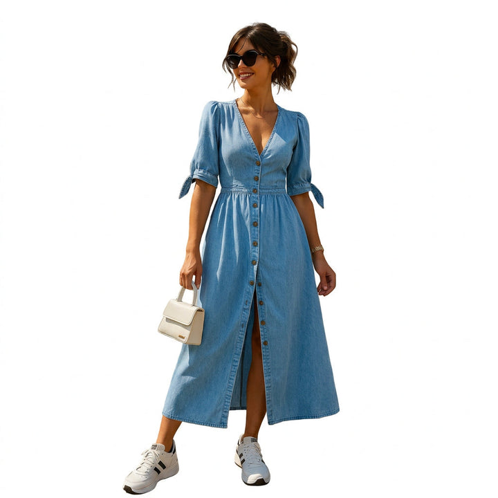 Lauren - Denim Maxi Dress with Buttons